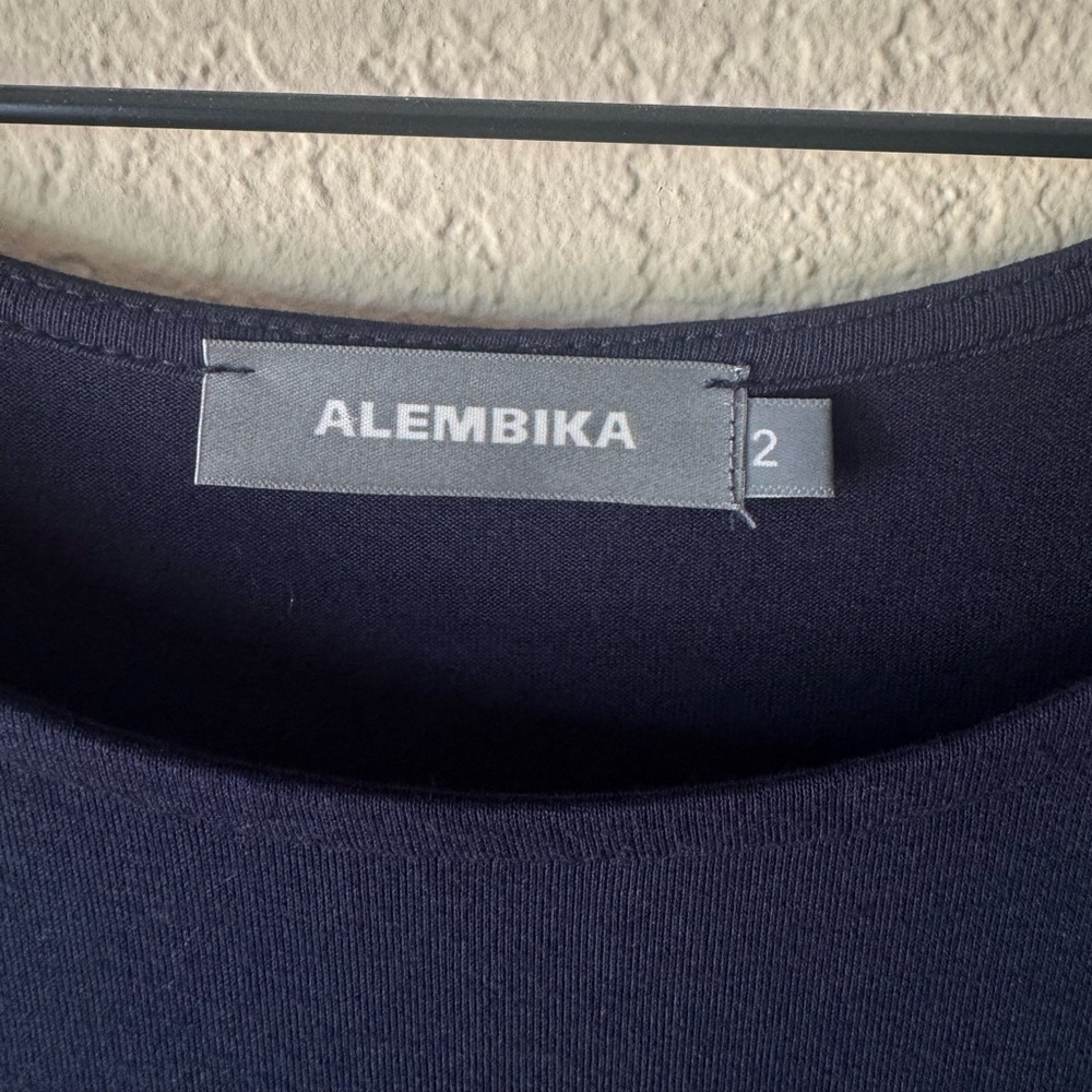 Alembika Long Tunic Top Navy Size 2 US 8-10 A-Line 3/4 Sleeve Minimalist Stretch - Picture 5 of 7